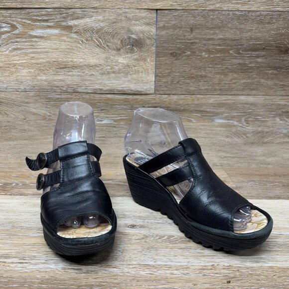 Fly London Black Leather Wedge Slide Sandals Women's Size EU 36 - Picture 6 of 7